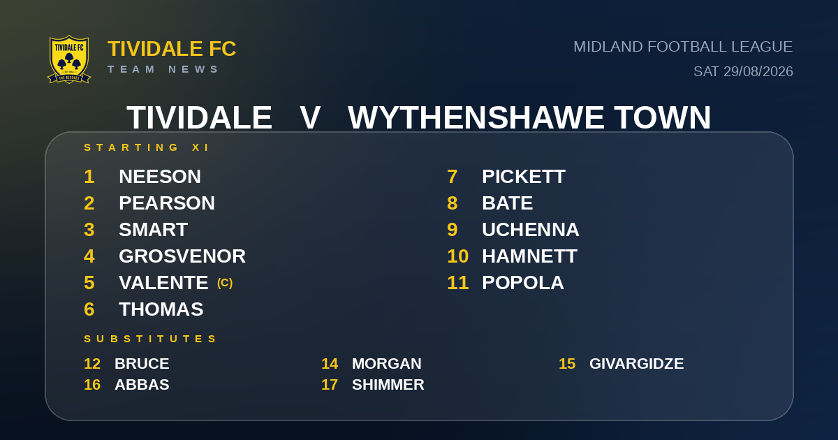 Team News: Tividale vs Wythenshawe Town