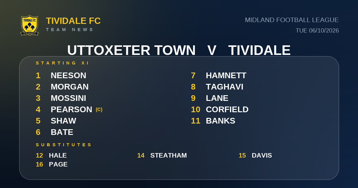 Team News: Tividale vs Uttoxeter Town